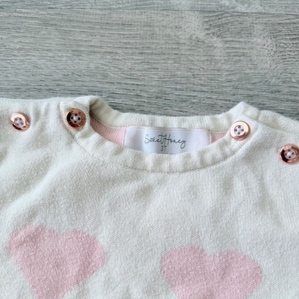 SweetHoney Toddler Girls 3T Pink Heart Knit Long Sleeve Sweater Dress Cream‎ - Picture 3 of 3